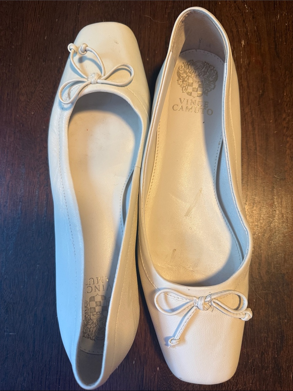 Vince Camuto Cream Leather Bow Square-Toe Ballet Flats